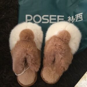 POSEE Women's Faux Fur fluffy Slippers - White & beige ~ size 35/36 ~ soft& warm